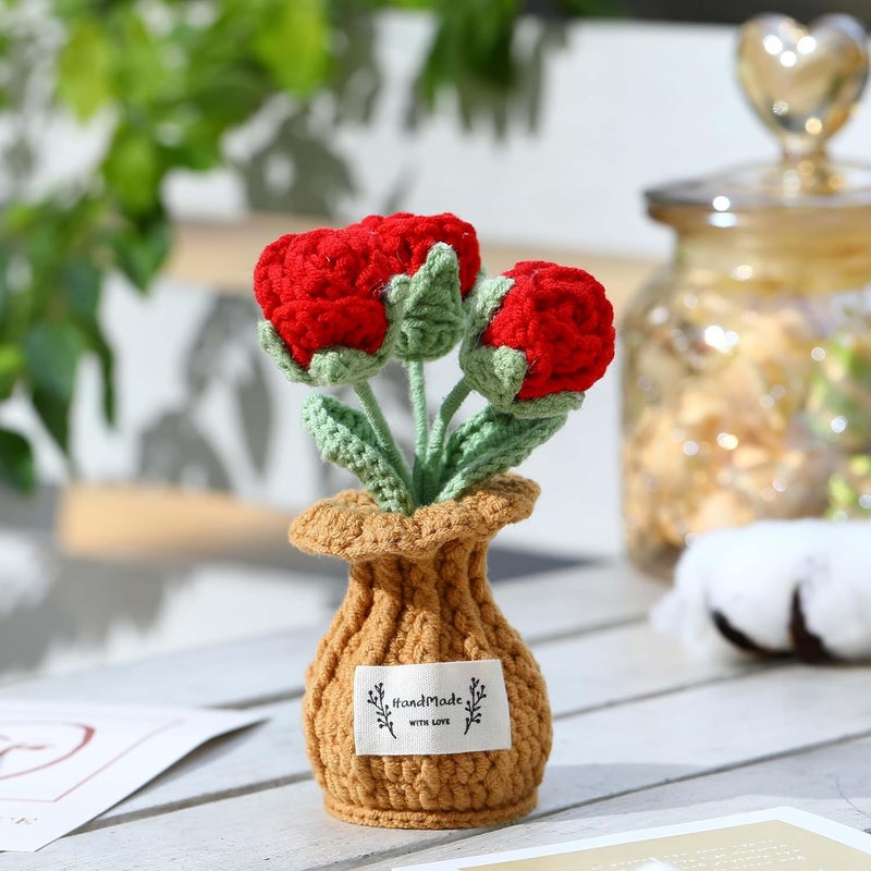 YOOJEE Crochet Flower Pot Valentines Day Gift for Women Him Her Boyfriend Girlfriend Couples Wife Husband Coworker Birthday Valentines Handmade Knitted Red Rose Birthday Wedding Home Decoration - Image 4